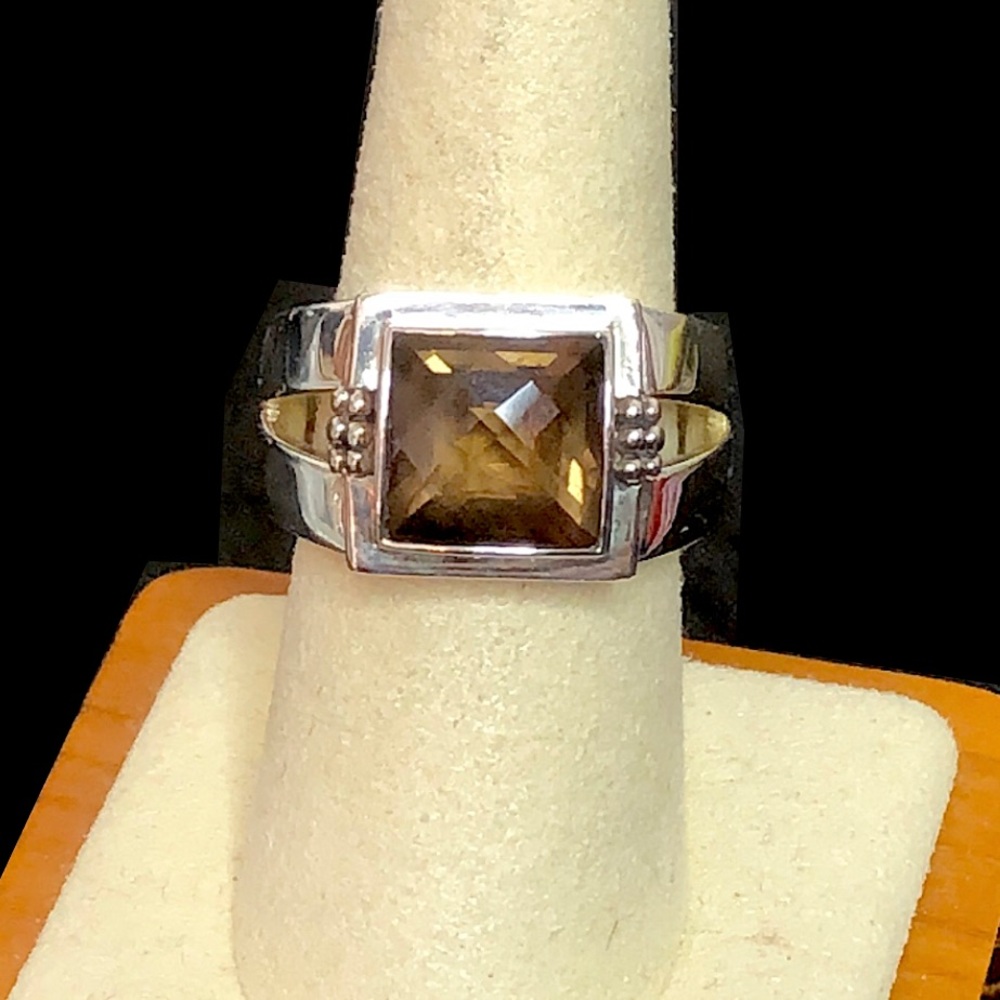 MICHAEL DAWKINS Smokey Quartz Sterling Silver Checkerboard Cut Ring Sz 9